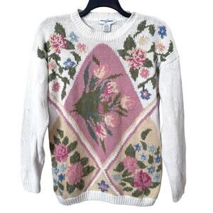 Vintage Cottagecore Floral Cable Knit Grannycore Sweater Womens Medium Soft Girl